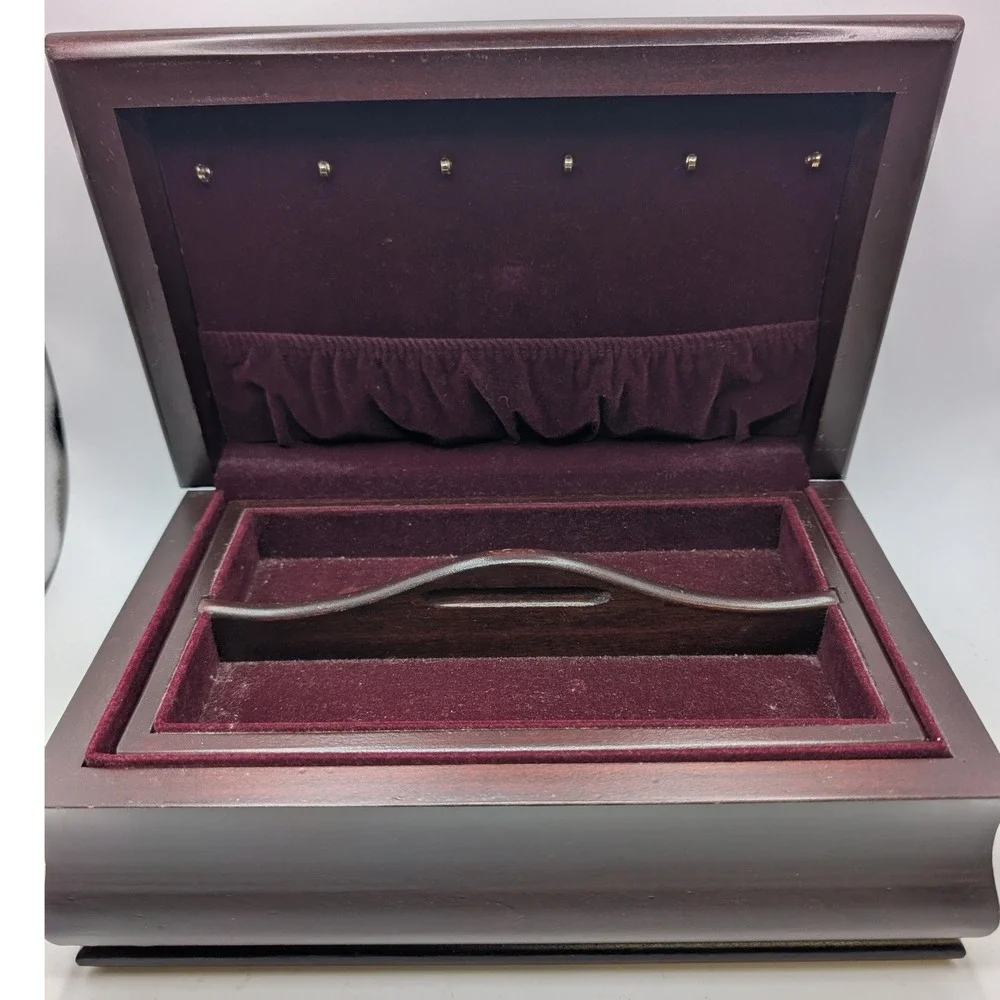 Vtg Eureka Mfg Co Cherry Wooden Jewelry Box Valet Burgundy Velvet Removable Tray